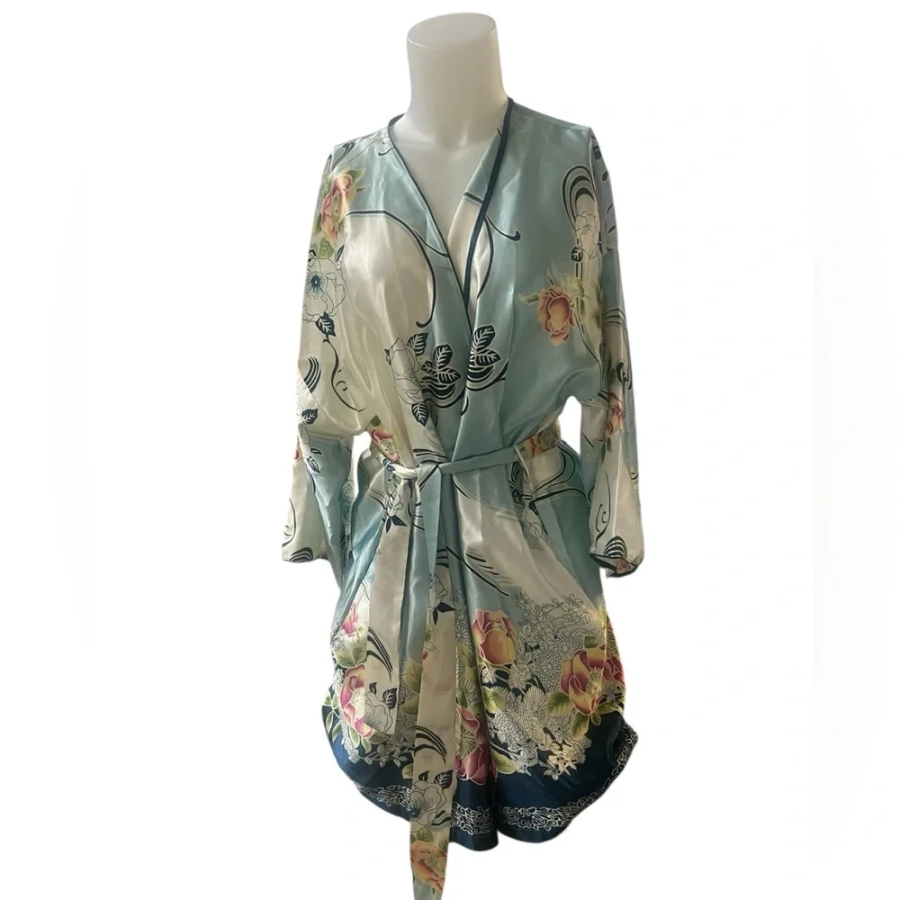 Oscar Del Le Renta Floral Satin Kimono Robe